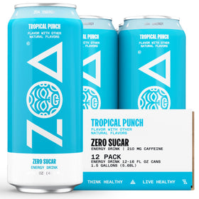 ZOA Tropical Punch can front view highlighting zero sugar energy for busy days
