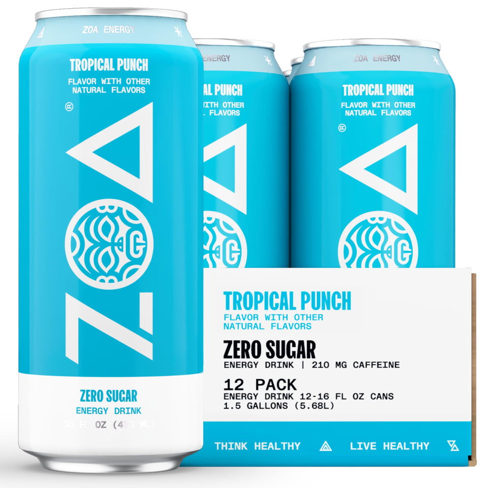 ZOA Tropical Punch can front view highlighting zero sugar energy for busy days