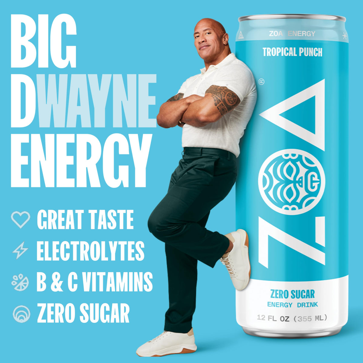 ZOA Tropical Punch can side label shows vitamin C and B-vitamins for daily energy support