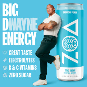 ZOA Tropical Punch can side label shows vitamin C and B-vitamins for daily energy support