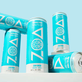 ZOA tropical punch cans on ice conveying hydration and electrolytes for workouts.