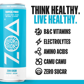ZOA Tropical Punch glass with ice offers a refreshing zero sugar option for workouts