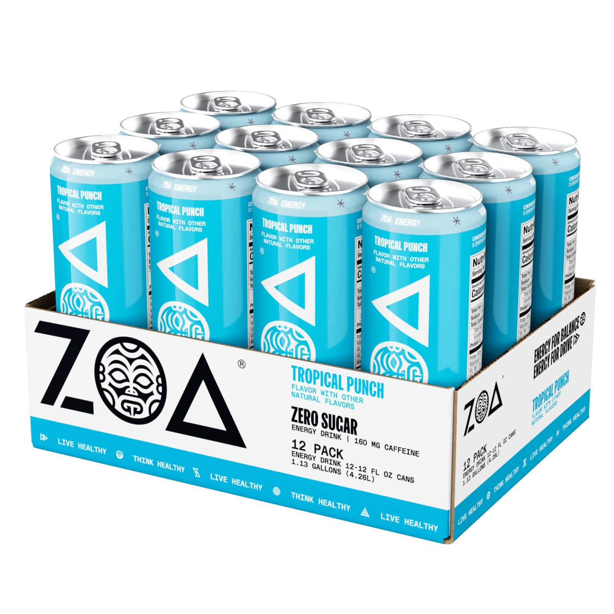 ZOA Tropical Punch ingredients label featuring natural caffeine from green tea and green coffee