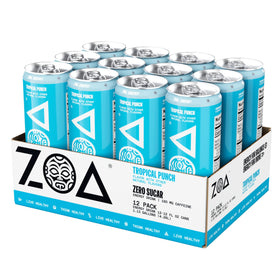 ZOA Tropical Punch ingredients label featuring natural caffeine from green tea and green coffee