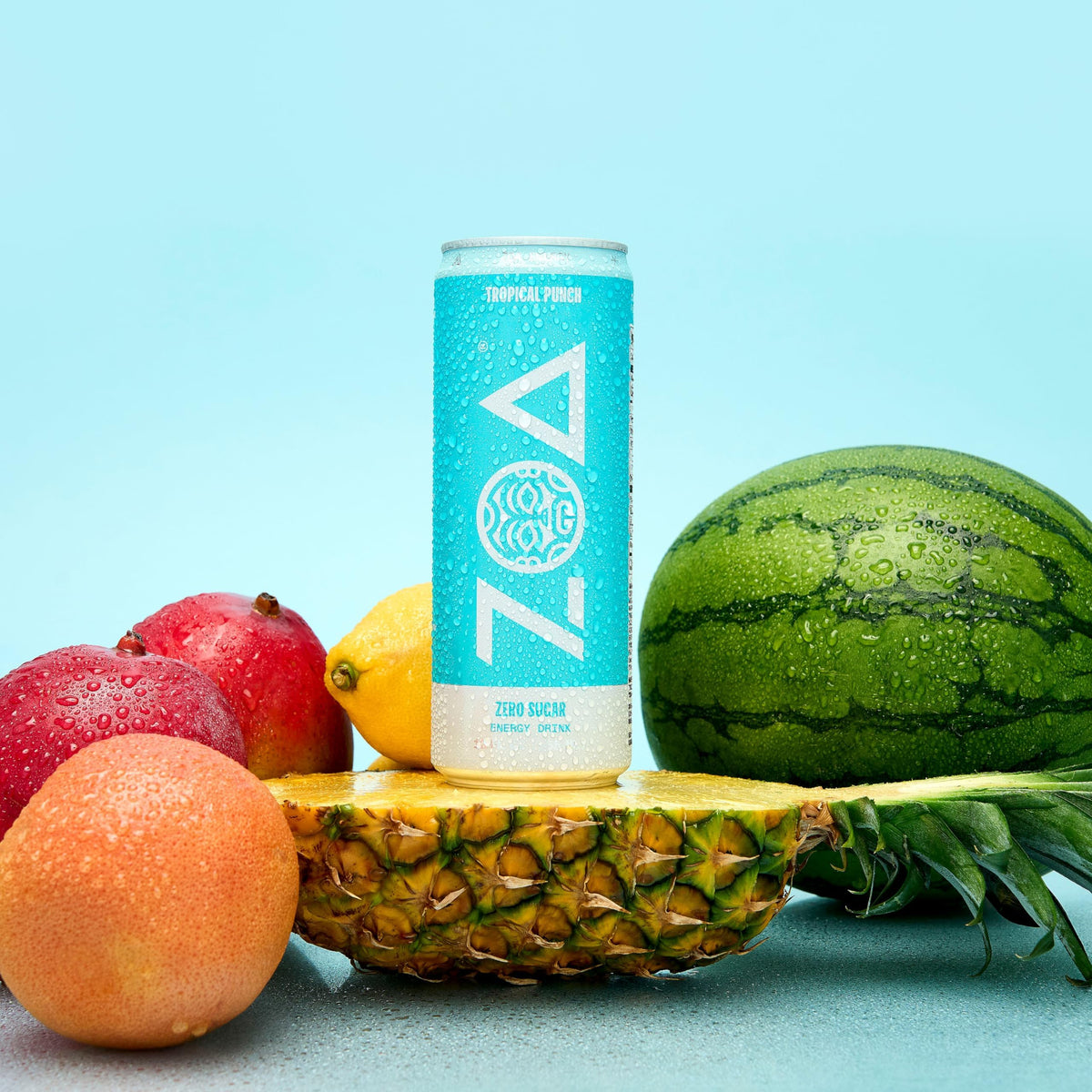 ZOA Tropical Punch pack of 12 cans on shelf, ideal for convenient energy access