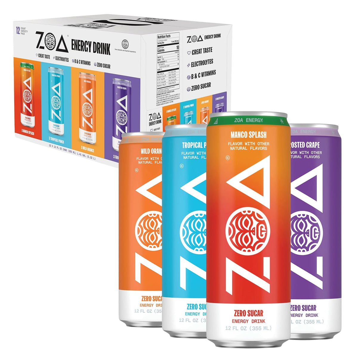 ZOA variety-pack cans on display offering zero sugar energy for active days.
