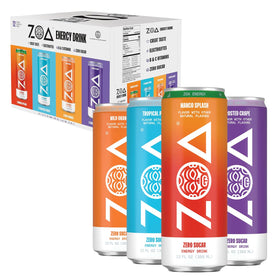 ZOA variety-pack cans on display offering zero sugar energy for active days.