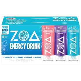 ZOA variety pack front view highlighting eight sugar-free flavors for on-the-go energy.
