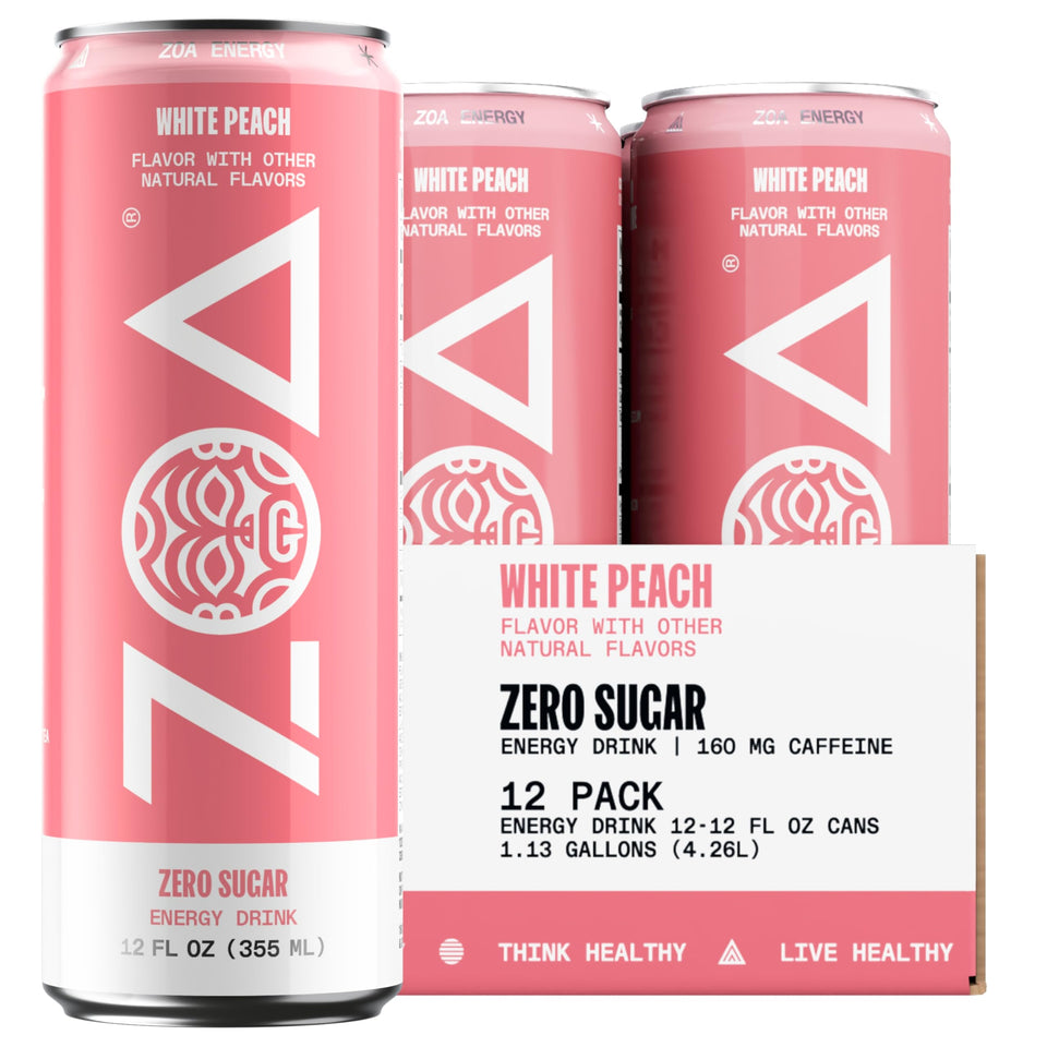ZOA White Peach can front view, sugar-free energy for busy mornings.