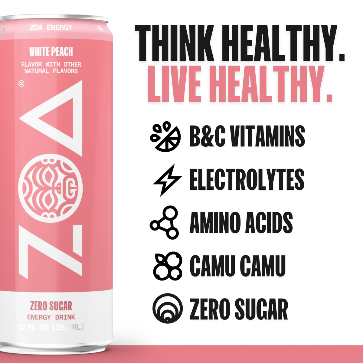 ZOA White Peach can side view, natural caffeine for steady daily energy.