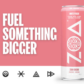 ZOA White Peach 12-pack case displays convenient, gluten-free energy for busy days.