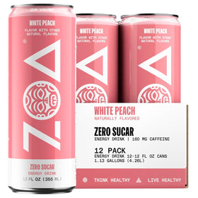 ZOA White Peach energy drink can front view for on-the-go energy.