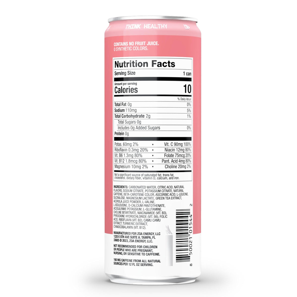 ZOA White Peach label close-up highlights zero sugar and natural caffeine.