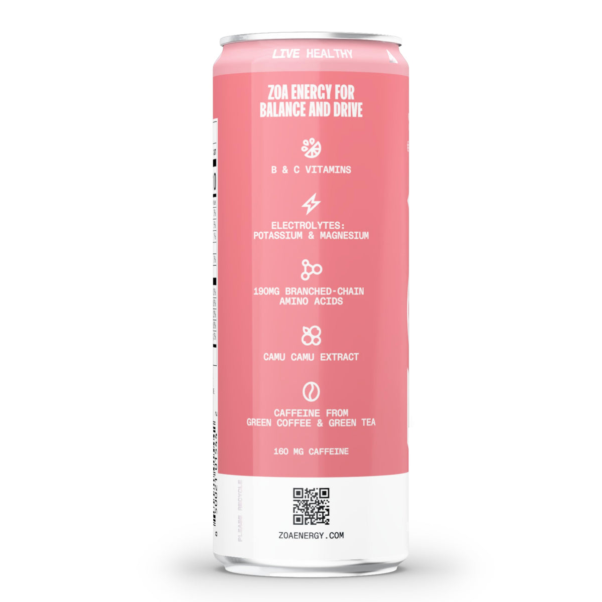 ZOA White Peach label close-up, vitamin C and B-vitamins in every can.