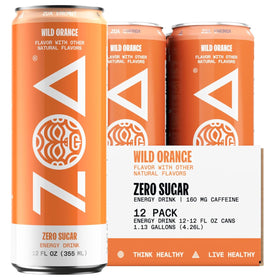 ZOA Wild Orange bottle top view demonstrates a refreshing, sugar-free energy option for busy mornings