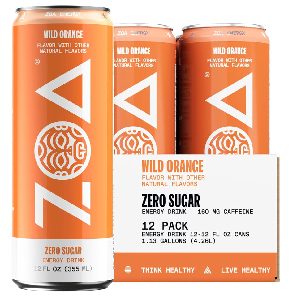 ZOA Wild Orange bottle top view demonstrates a refreshing, sugar-free energy option for busy mornings
