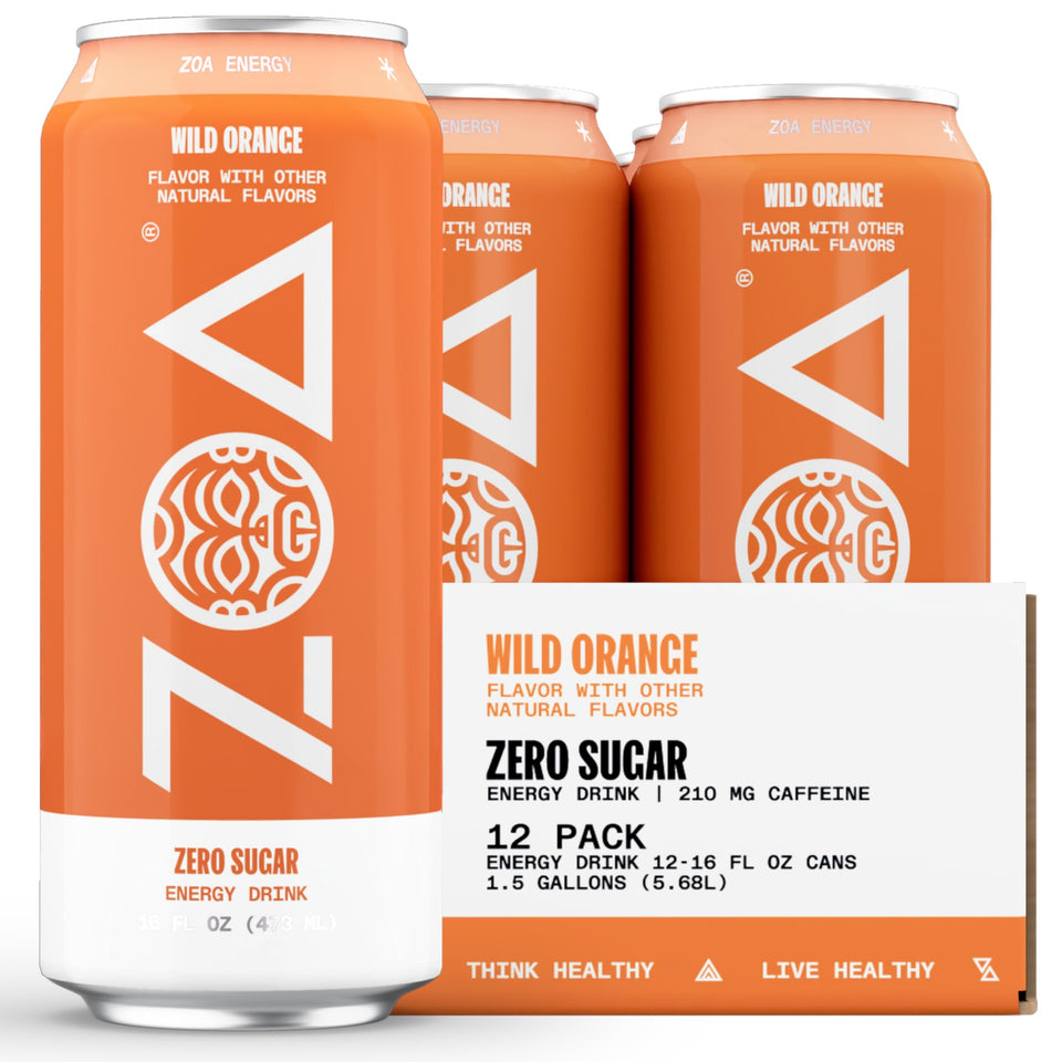 ZOA Wild Orange can front view showing zero sugar energy and bright citrus flavor