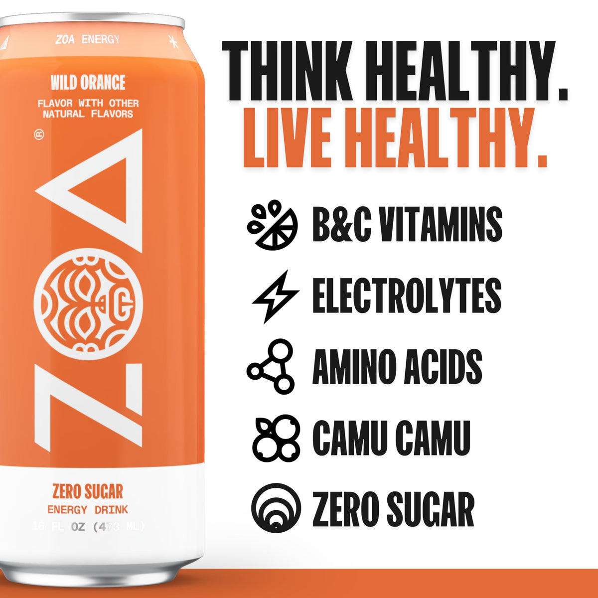 ZOA Wild Orange can side profile highlighting gluten-free and keto-friendly energy