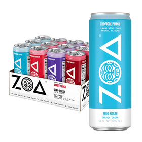 ZOA zero sugar energy drink cans in four-flavor variety pack for convenient daily energy.