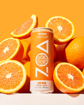 ZOA zero-sugar label closeup highlights electrolytes and vitamin C.