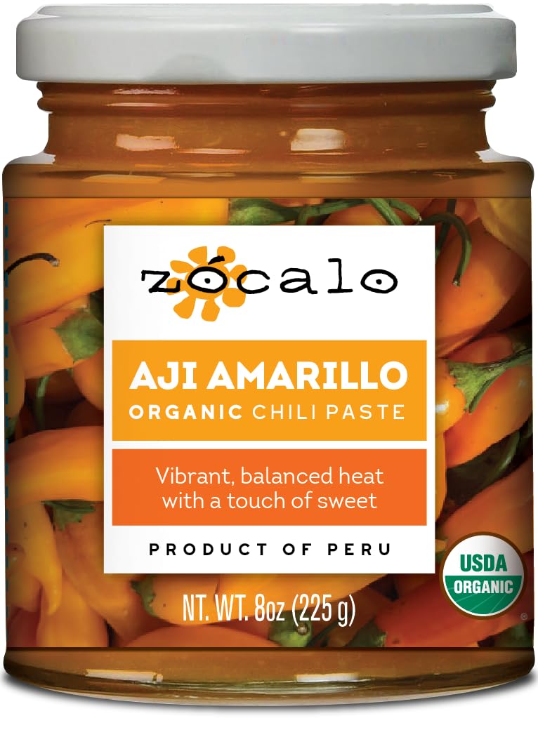 Zocalo Organic Aji Amarillo Paste bottle boosts authentic Peruvian flavor.