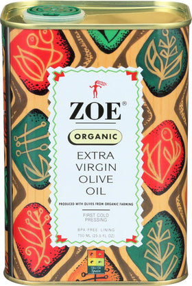 Zoe Organic Extra Virgin Olive Oil bottle, front view for salads and finishing