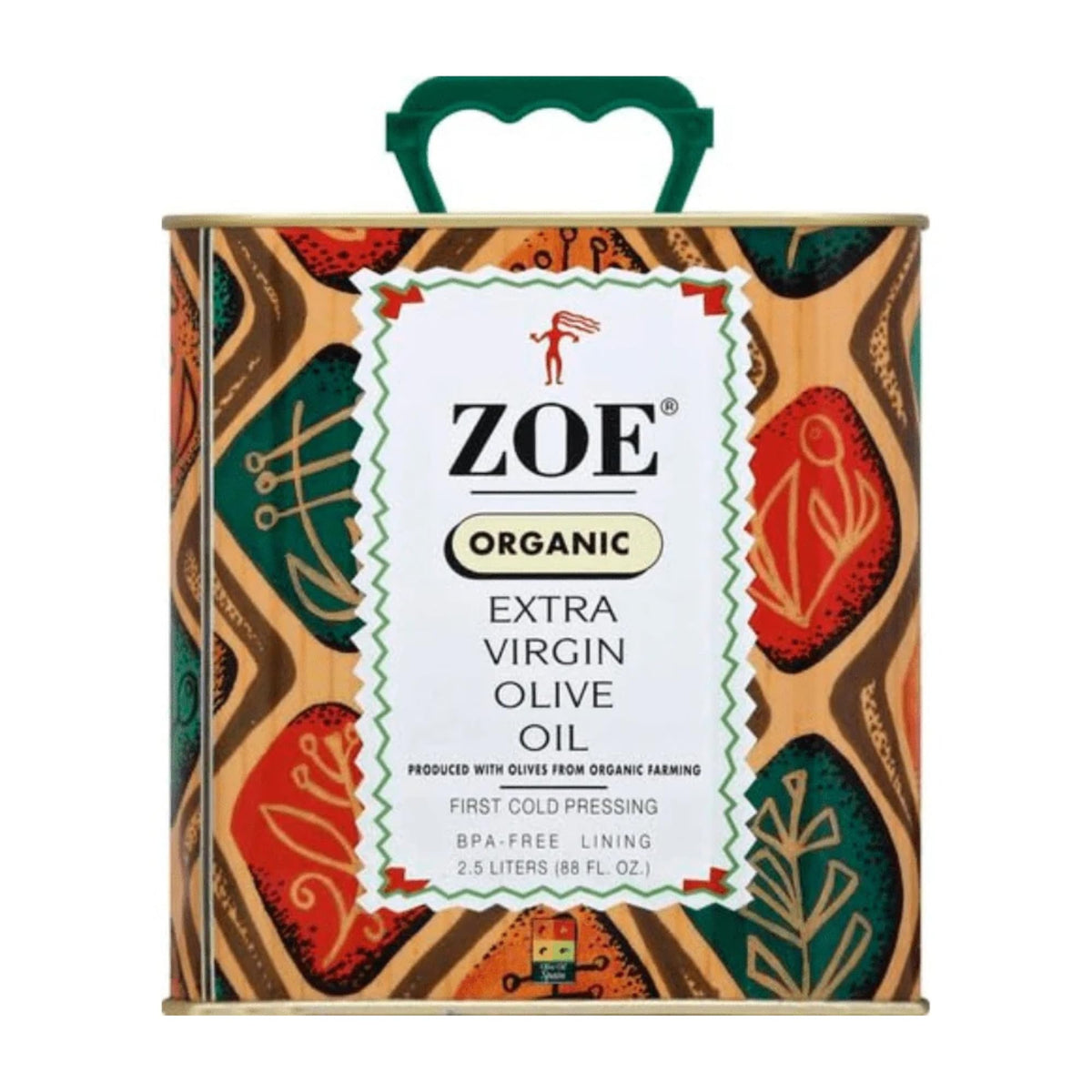 Zoe Organic Extra Virgin Olive Oil bottle close-up with label, ideal for everyday cooking.