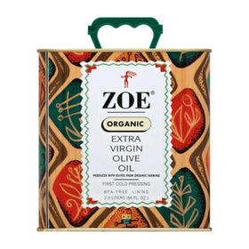 Zoe Organic Extra Virgin Olive Oil bottle close-up with label, ideal for everyday cooking.