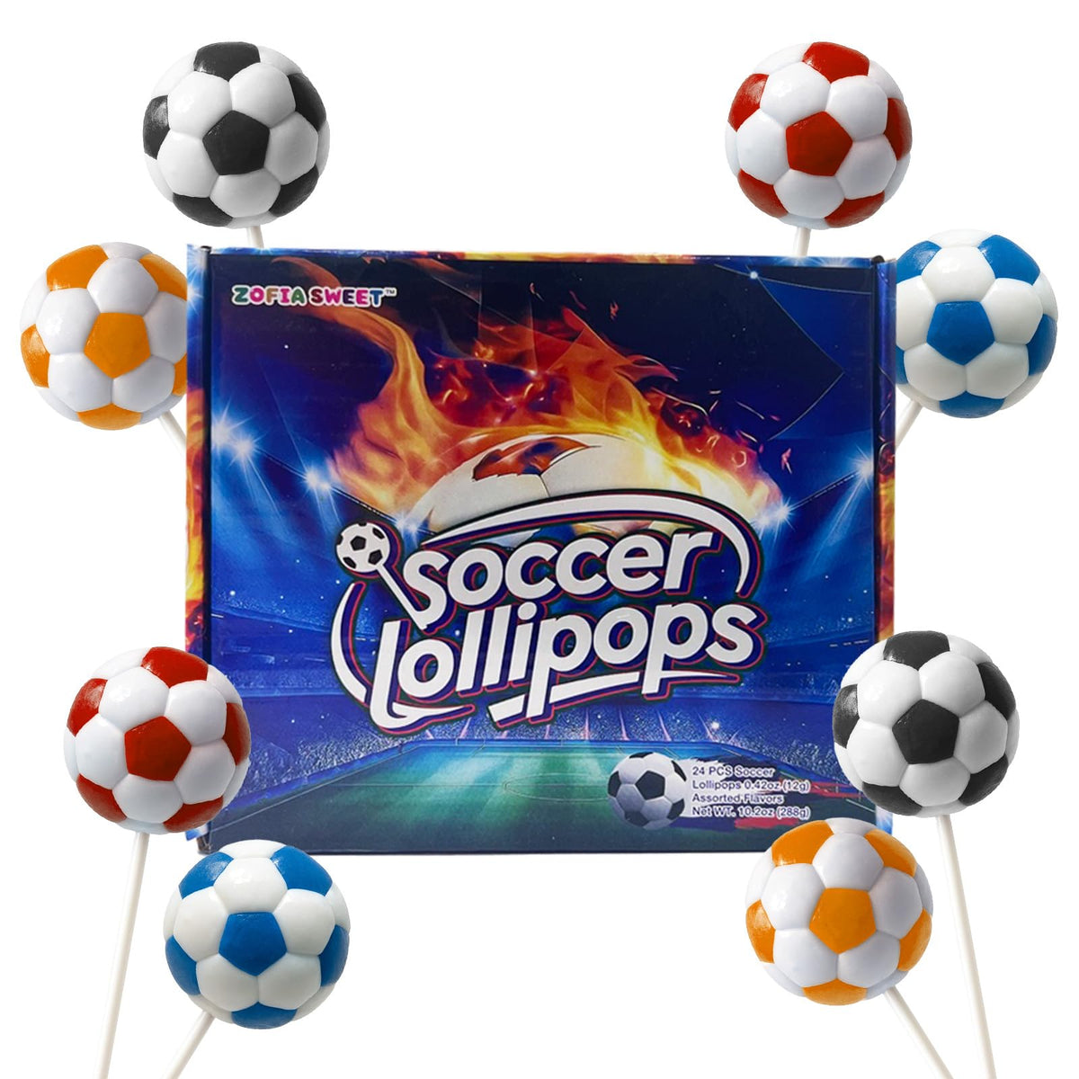 ZOFIA SWEET Golazo soccer ball candy lollipops in a box ideal for party favors.