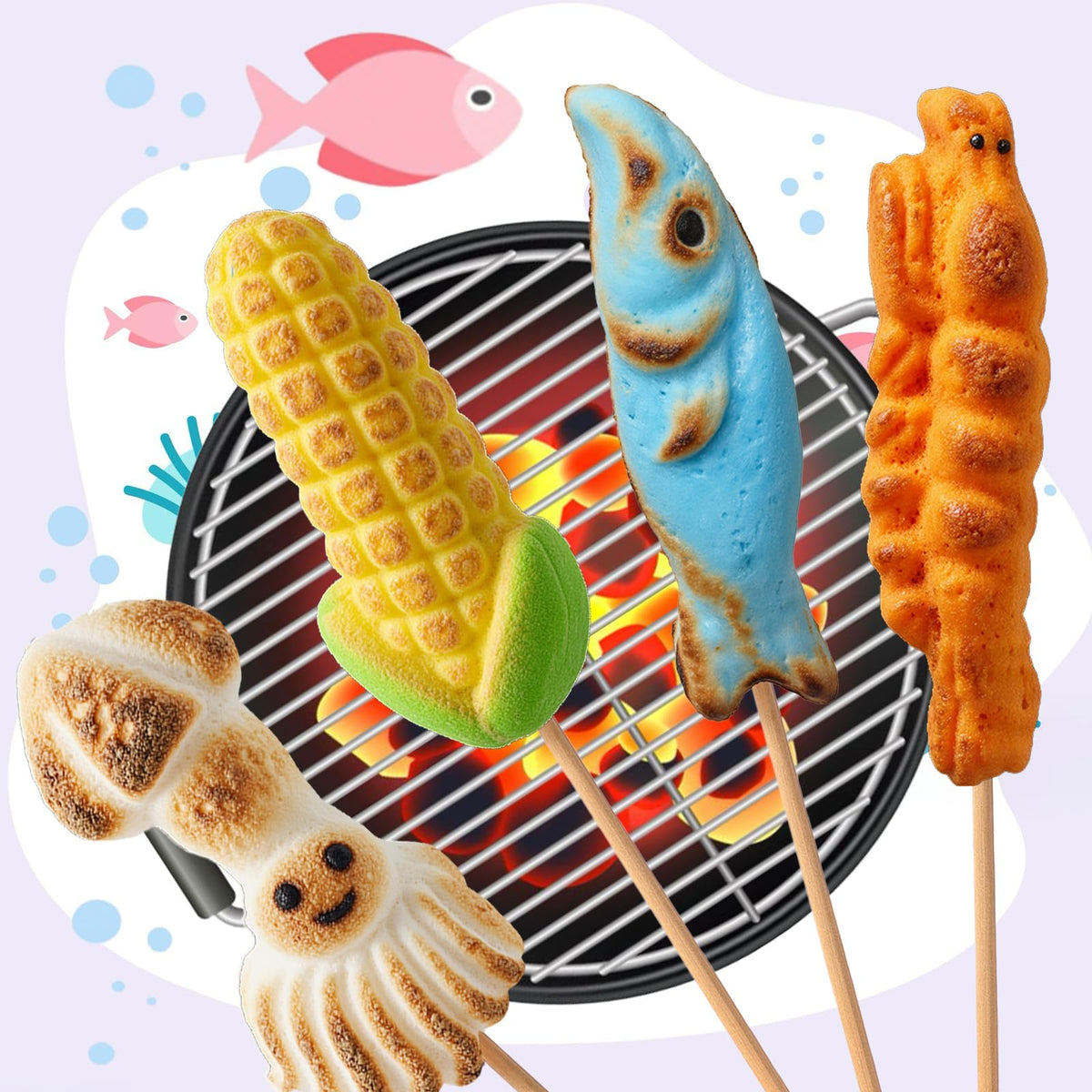 ZOFIA SWEET jumbo marshmallows on roasting sticks ideal for quick, even campfire toasts.