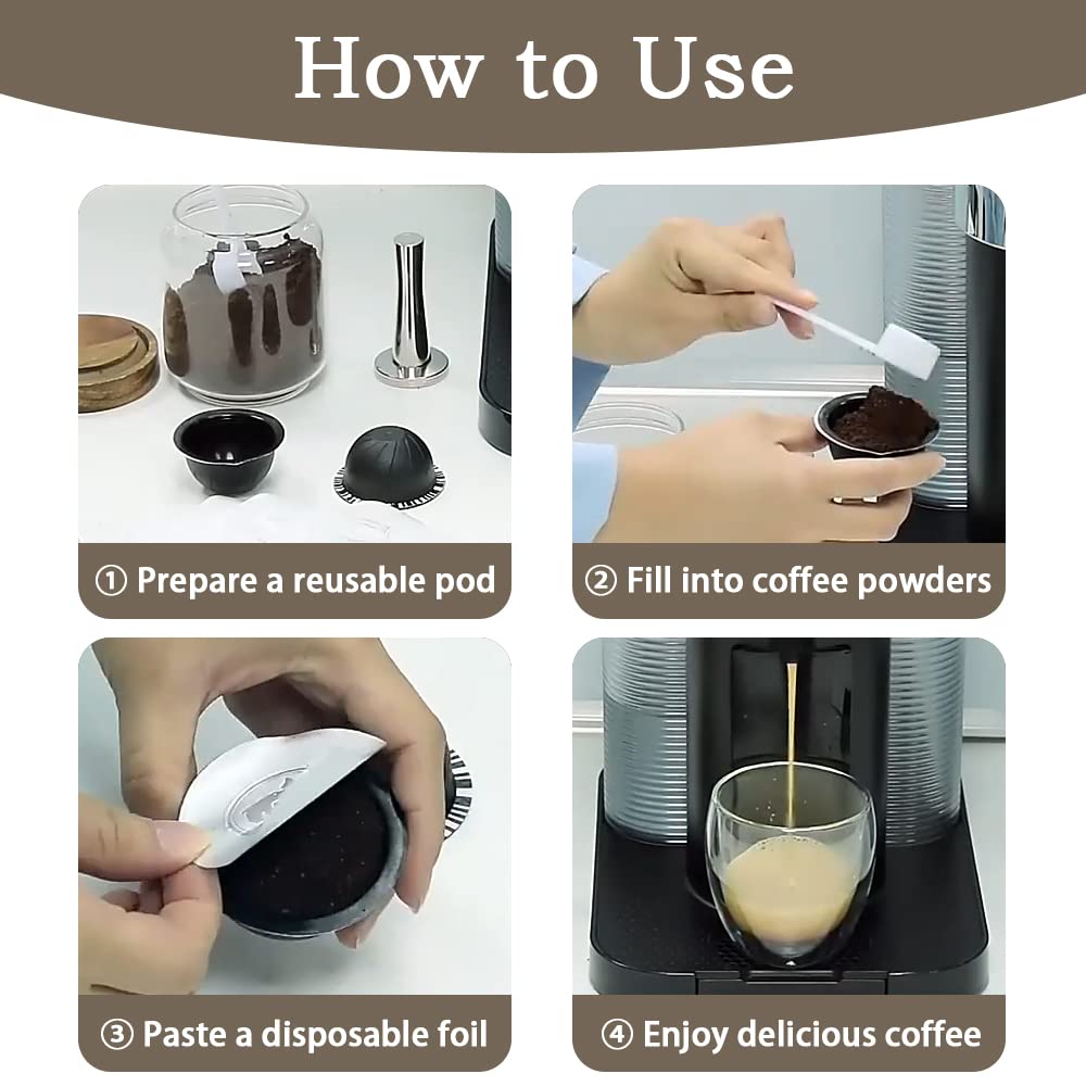Zokrintz Vertuo pod refill process showing adding coffee and foil seal