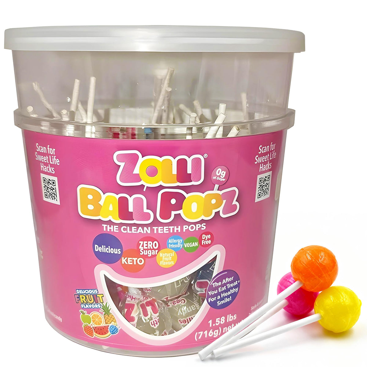 Zolli Ball Popz fruity flavors in a colorful bag, promoting guilt-free snacking