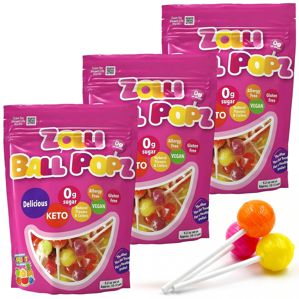 Zolli Ball Popz pack shot shows a dye-free, sugar-free treat for cleaner teeth after meals.