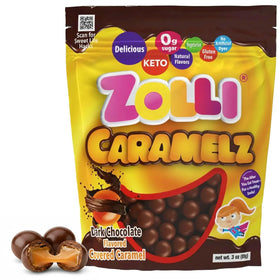 Zolli Caramelz dark chocolate bag shows a dentist-approved, sugar-free treat.