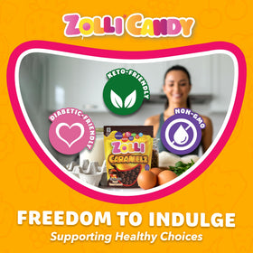 Zolli Caramelz packaging design showcases allergen-friendly ingredients.