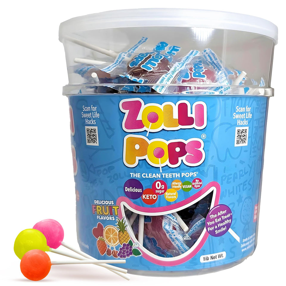 Zollipops 1lb tub packaging shows dentist-approved sugar-free pops for healthier smiles.