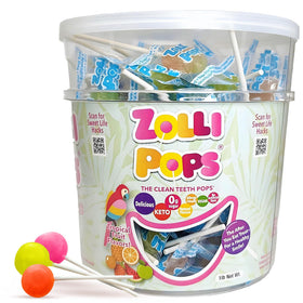 Zollipops tropical flavor lollipops in packaging, a post-meal sugar-free option.