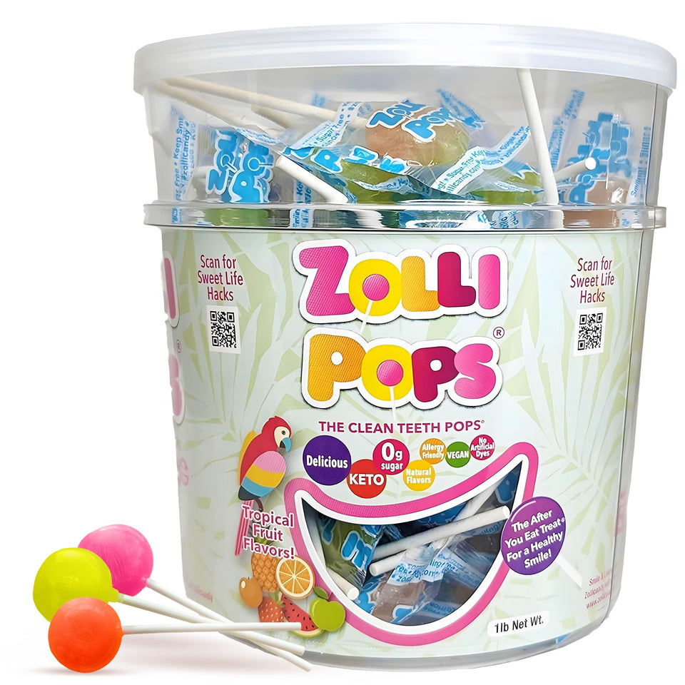 Zollipops tropical flavor lollipops in packaging, a post-meal sugar-free option.