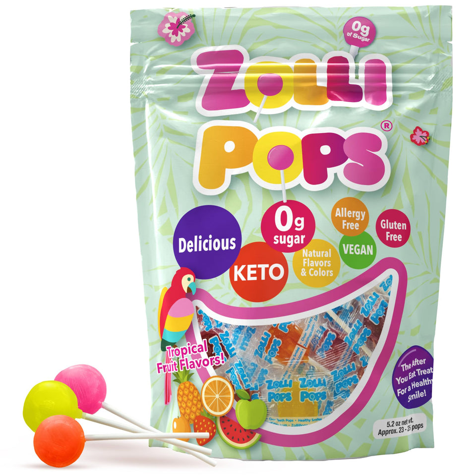 Zollipops Clean Teeth Pops packaging showing dentist-approved sugar-free candy.