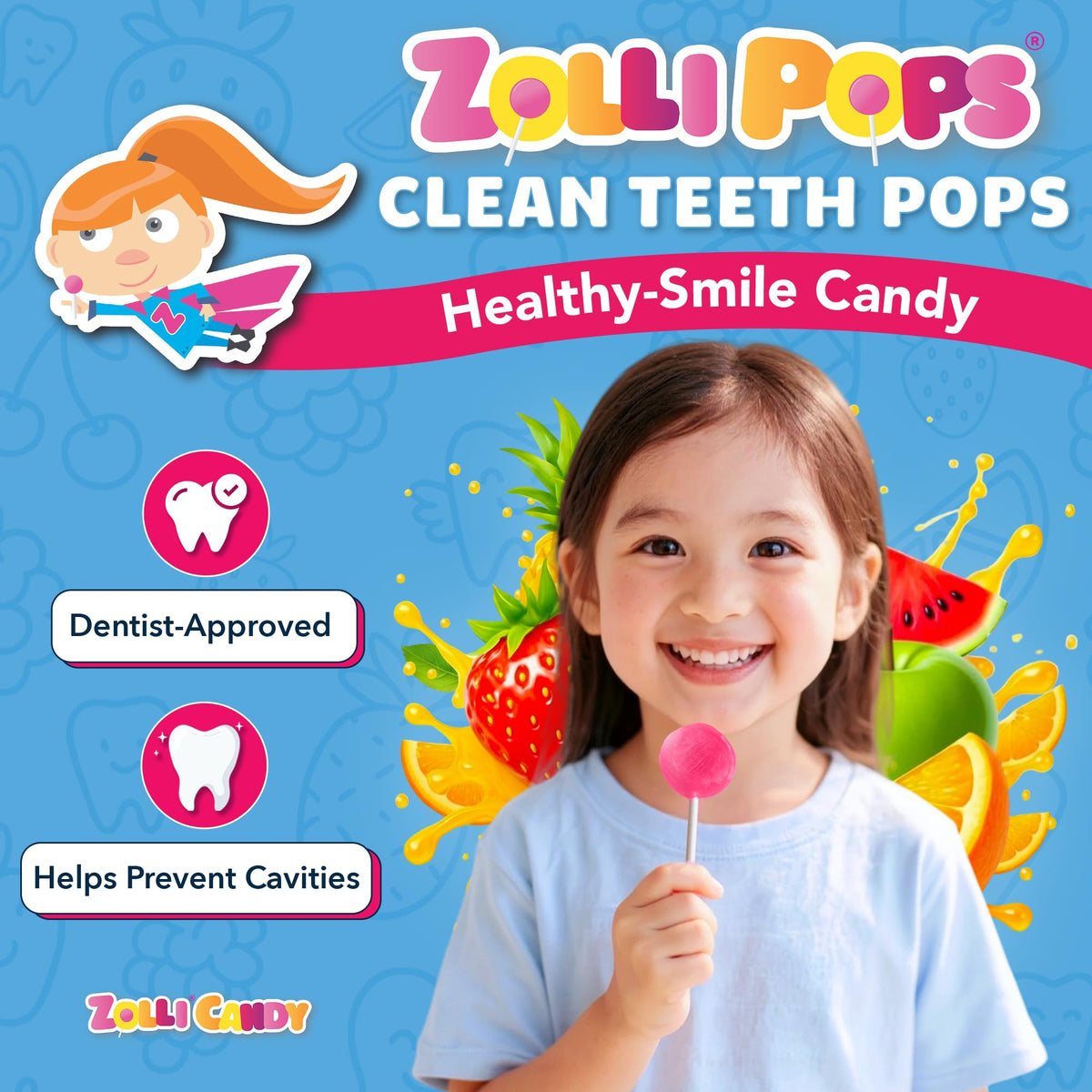 Close-up of Zollipops tropical lollipops showing fruit flavors and sugar-free ingredients.