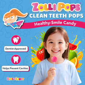 Close-up of Zollipops tropical lollipops showing fruit flavors and sugar-free ingredients.