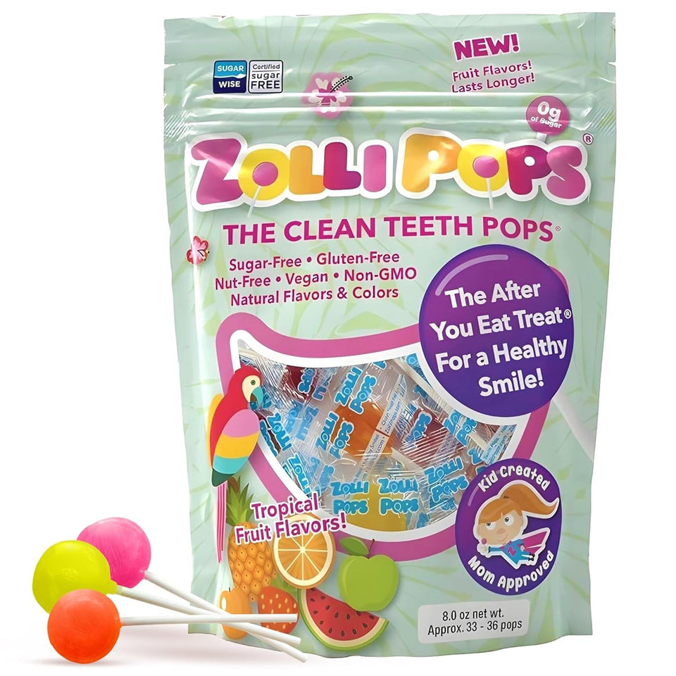 Zollipops tropical fruit clean teeth pack, sugar-free and fruity.