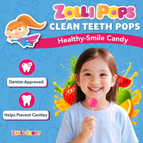 Zollipops tropical fruit flavor graphic aimed at kids’ sugar-free treats.