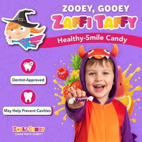 Close-up of Zaffi Taffy candy, natural fruit flavors, sugar-free bite.