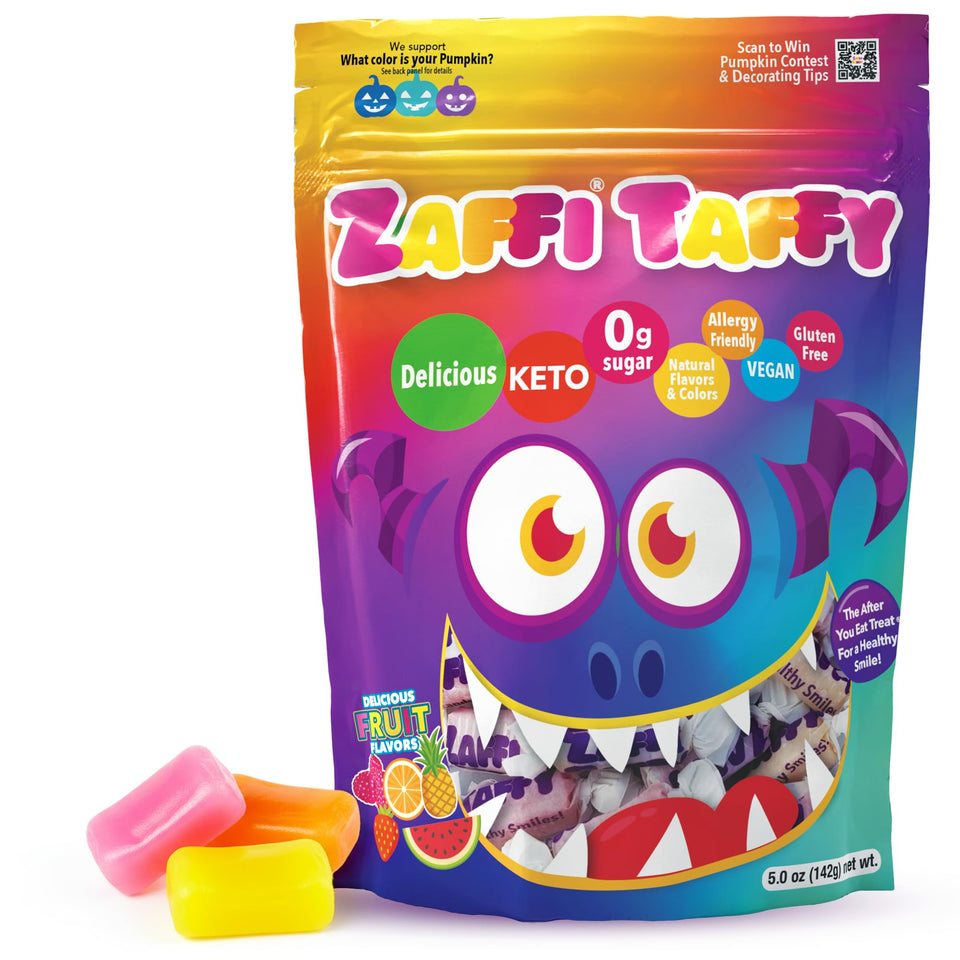 Zollipops Zaffi Taffy Halloween packaging shows sugar-free, fruit-flavored candy.