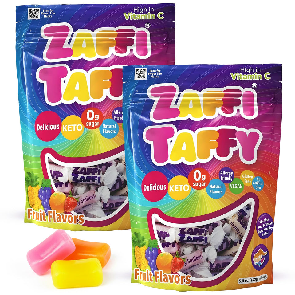 Zollipops Zaffi Taffy pack of 2 shown in a bag, dye-free and sugar-free for kids.