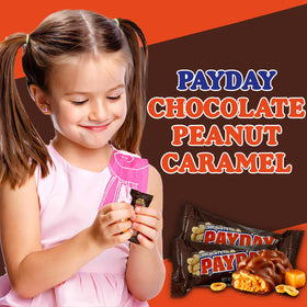 Closeup of peanuts and caramel in ZompoZ Payday chocolate bar.