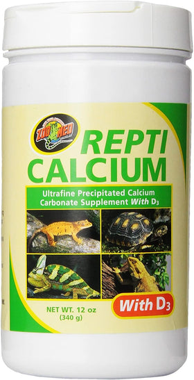 Zoo Med Reptile Calcium with D3 bottle packaging, essential calcium supplement for reptiles.