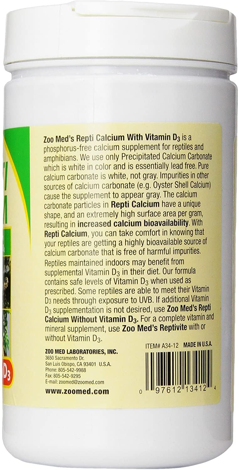 Zoo Med calcium powder being dispensed, easy sprinkle on reptile meals.