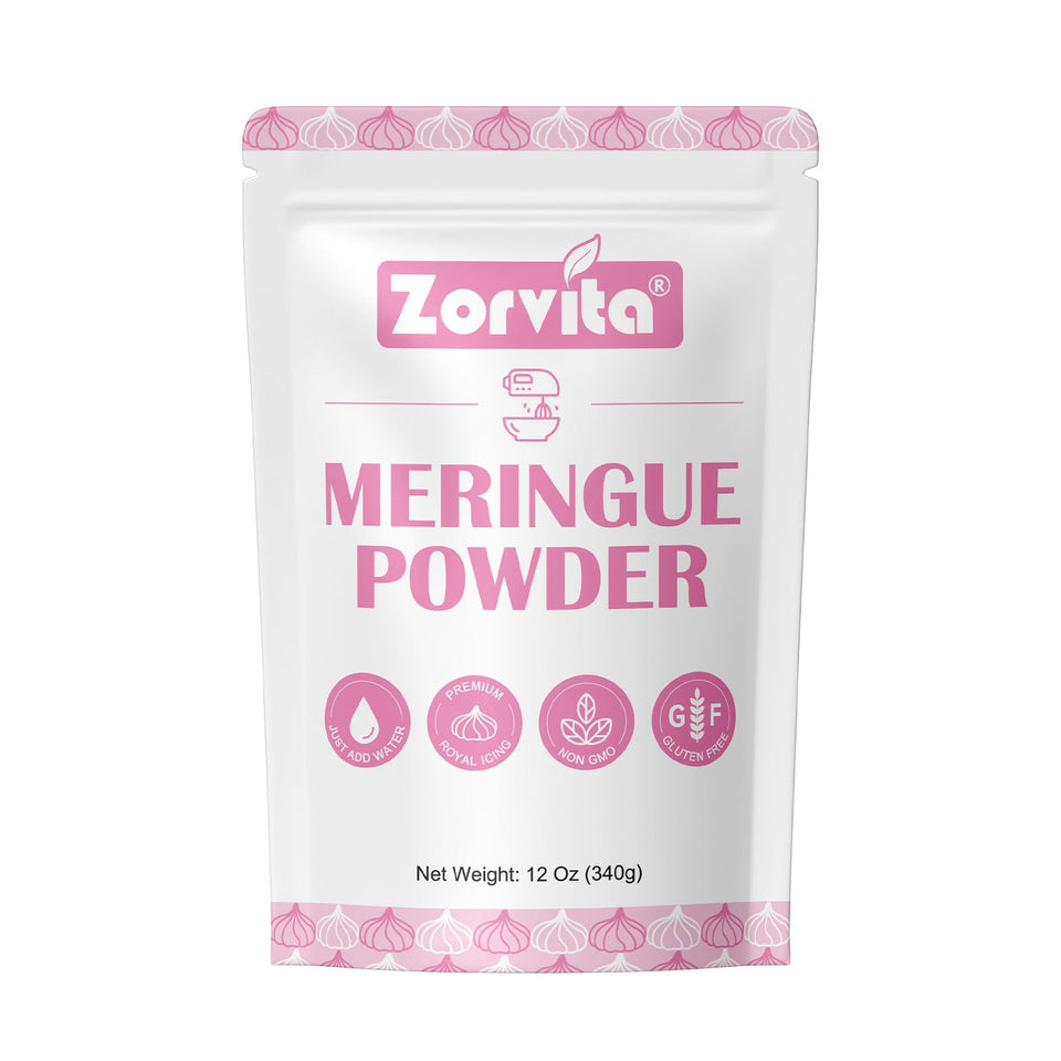 ZORVITA Premium Meringue Powder packaging shown, ready-to-use for royal icing and baking